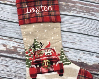 rustic truck stocking, personalized Christmas stocking, plaid christmas stocking, vintage truck stocking, farm house stocking