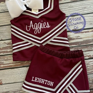 maroon & white cheer uniform, customized cheerleading uniform, girls cheer uniform, maroon and white cheer uniform, toddler cheer uniform