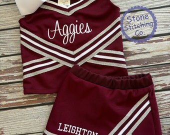 maroon & white cheer uniform, customized cheerleading uniform, girls cheer uniform, maroon and white cheer uniform, toddler cheer uniform