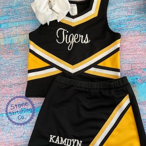yellow & black cheer uniform, customized cheerleading uniform, girls cheer uniform, panthers cheer uniform, toddler cheerleading uniform