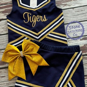 navy & gold cheer uniform, customized cheerleading uniform, girls cheer uniform, navy cheer uniform, toddler cheer uniform, navy gold cheer