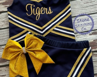 navy & gold cheer uniform, customized cheerleading uniform, girls cheer uniform, navy cheer uniform, toddler cheer uniform, navy gold cheer