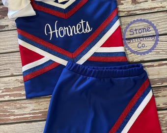 Röd & blå cheerleadinguniform, specialanpassad cheerleadinguniform, cheerleadinguniform för flickor, röd vit och blå cheerleadinguniform, cheerleadinguniform för småbarn