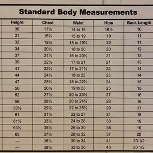 May include: A chart titled "Standard Body Measurements" with size, height (inches), chest (inches), waist (inches), hips (inches), back length (inches), and skirt length (inches) measurements.