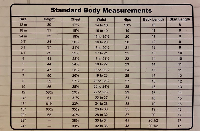 May include: A chart titled "Standard Body Measurements" with size, height (inches), chest (inches), waist (inches), hips (inches), back length (inches), and skirt length (inches) measurements.