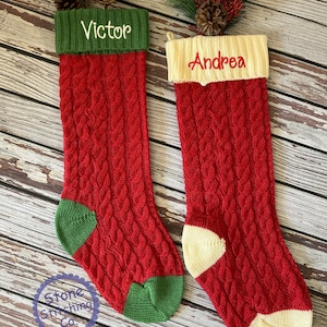Knit stocking, embroidered stocking, red cable knit stocking, green cable knit stocking, white cable knit stocking