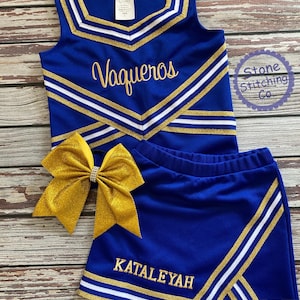 Blue & gold cheer uniform, blue and yellow cheerleading uniform, girls cheer uniform, royal and yellow cheer uniform, toddler cheer uniform