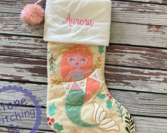 Mermaid personalized stocking, embroidered stocking, first Christmas stocking, Baby's First Christmas, girl unicorn stocking, pink stocking