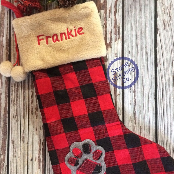 Personalized dog stocking, dog christmas stocking, monogrammed dog stocking, buffalo check dog stocking, red & black dog stocking