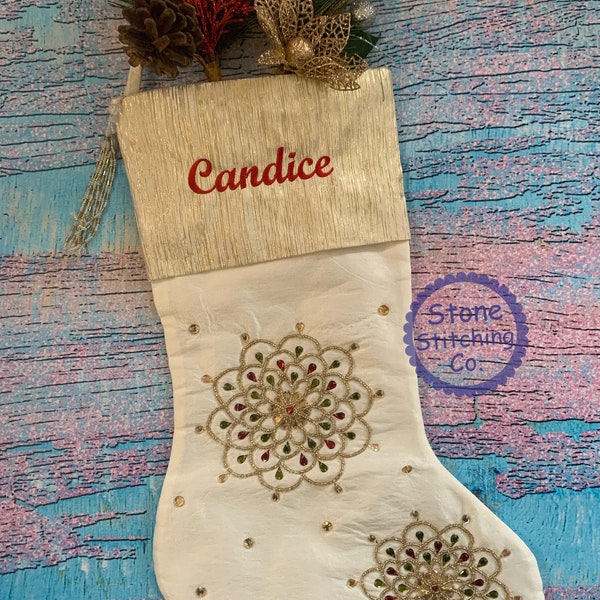 gold christmas stocking, gold beaded christmas stocking, gold christmas sock, jeweled christmas stocking