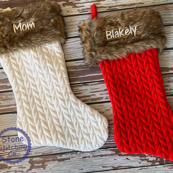 Personalized stocking, embroidered stocking, white fur stocking, monogrammed knit stocking, red fur stocking, stocking set, classic stocking