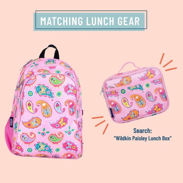 paisley backpack, paisley bag, pink printed backpack, paisley lunchbox, paisley backpack set, paisley school set, paisley back to school