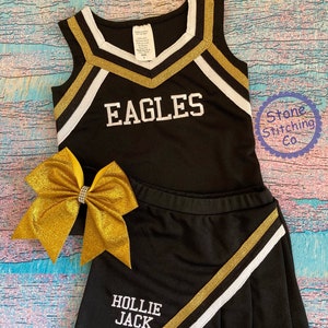 gold & black cheer uniform, customized cheerleading uniform, girls cheer uniform, panthers cheer uniform, toddler cheerleading uniform