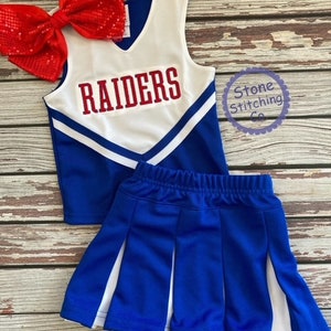 red & blue cheer uniform, customized cheerleading uniform, girls cheer uniform, blue and white cheer costume