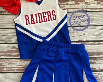 röd & blå cheerleadinguniform, specialanpassad cheerleadinguniform, cheerleadinguniform för flickor, blå och vit cheerleadingdräkt