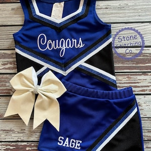 Blue & black cheer uniform, customized cheerleading uniform, girls cheer uniform, blue cheer uniform, toddler cheer uniform, blue white