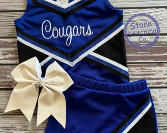 Blå & svart cheerleadinguniform, specialanpassad cheerleadinguniform, cheerleadinguniform för flickor, blå cheerleadinguniform, cheerleadinguniform för småbarn, blåvit