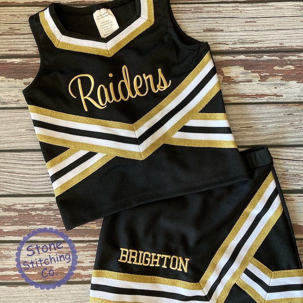 gold & black cheer uniform, customized cheerleading uniform, girls cheer uniform, panthers cheer uniform, toddler cheerleading uniform