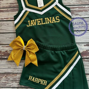 green & gold cheer uniform, customized cheerleading uniform, girls cheer uniform, green and white cheer uniform, toddler cheer uniform