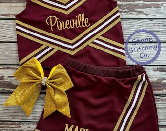 maroon & gold cheer uniform, customized cheerleading uniform, girls cheer uniform, maroon and white cheer uniform, toddler cheer uniform