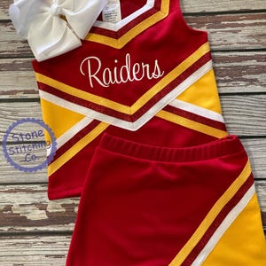 red & yellow cheer uniform, customized cheerleading uniform, girls cheer uniform, kids cheer costume, toddler cheerleading uniform