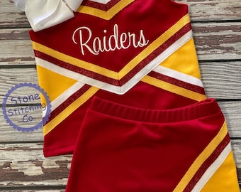 Anpassad röd och gul cheerleadinguniform