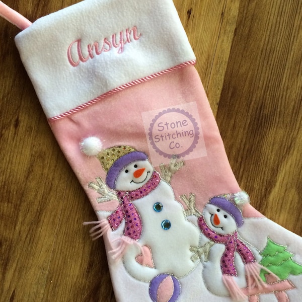 Personalized stocking, embroidered stocking, first Christmas stocking, Baby's First Christmas, girl Christmas stocking, snowman stocking