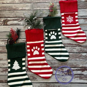 knit stocking set, embroidered knit stockings, red knit stockings, knit dog stocking, knit cat stockings, red green knit stockings