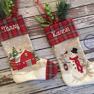 rustic stocking, plaid christmas stocking, vintage truck stocking, farm house stocking, snowman stocking, stocking set, red barn stocking