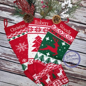 Personalized stocking, embroidered stocking, knit stocking set, knit reindeer stocking, knit Santa stocking, knit snowman stocking