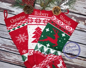 Personalized stocking, embroidered stocking, knit stocking set, knit reindeer stocking, knit Santa stocking, knit snowman stocking