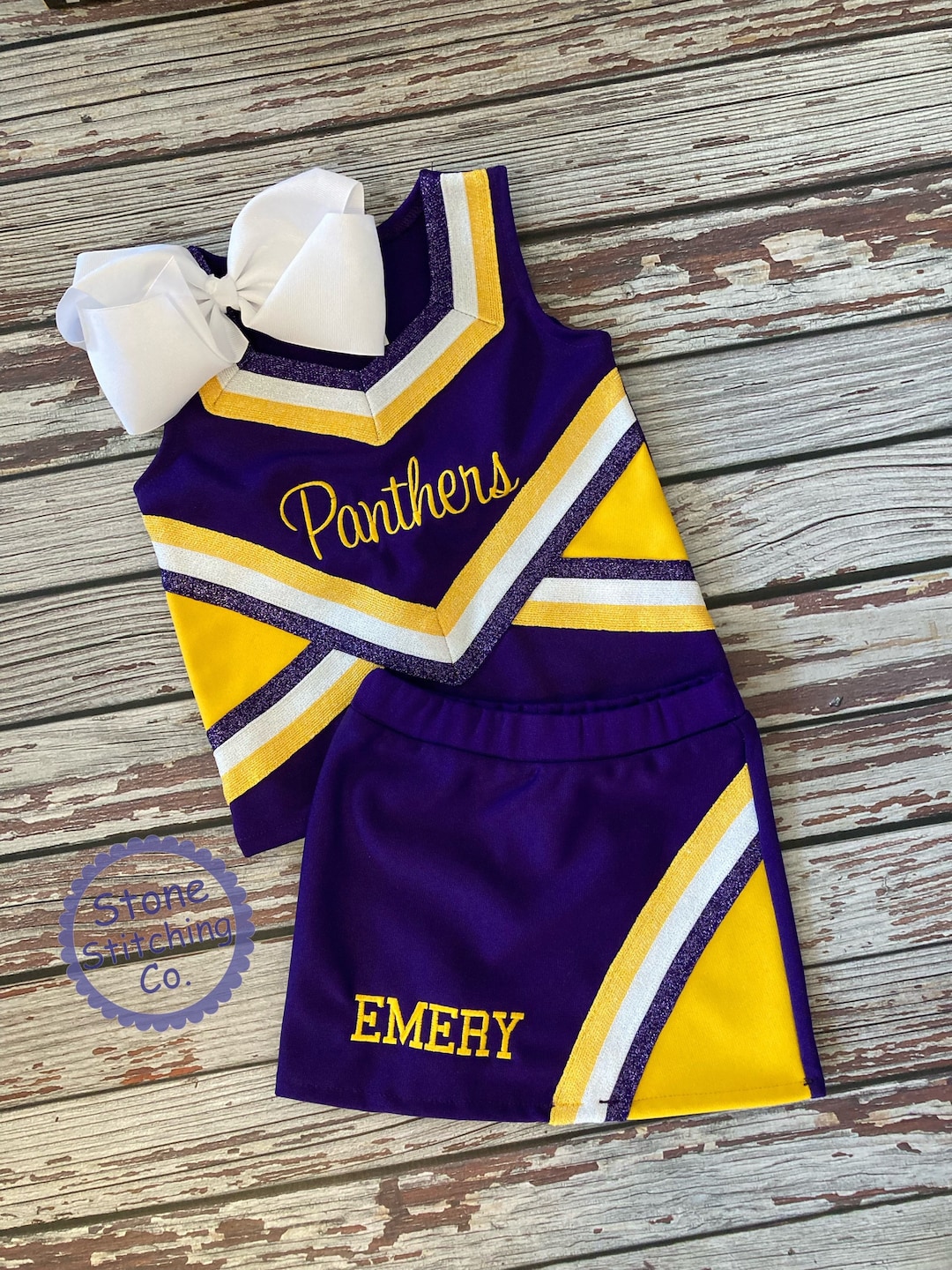 Purple & Gold Cheer Uniform, Customized Cheerleading Uniform, Girls Cheer Uniform, Purple Cheer