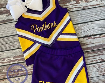 purple & gold cheer uniform, customized cheerleading uniform, girls cheer uniform, purple cheer uniform, toddler cheer uniform