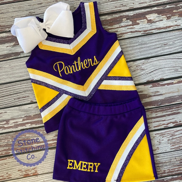 purple & gold cheer uniform, customized cheerleading uniform, girls cheer uniform, purple cheer uniform, toddler cheer uniform