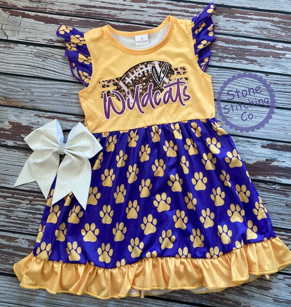 wildcats dress, purple & gold paw print dress, wildcats spirit dress, purple gold paw print, purple yellow panthers dress, purple wildcats