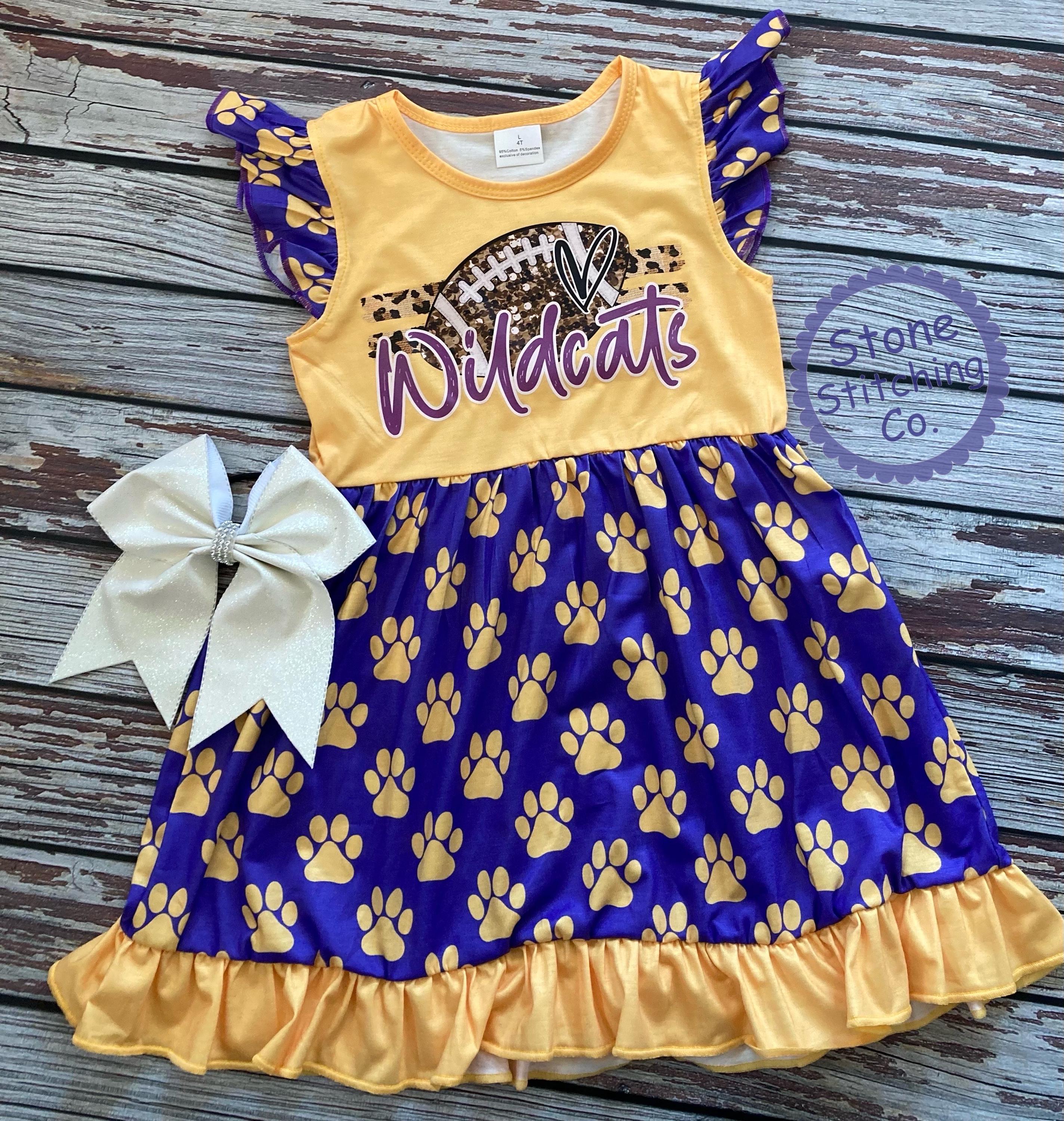 wildcats dress, purple & gold paw print dress, wildcats spirit dress, purple gold paw print, purple yellow panthers dress, purple wildcats