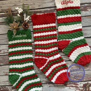 knit stocking set, embroidered knit stockings, red knit stockings, knit stocking set, striped knit stockings, red green knit stockings