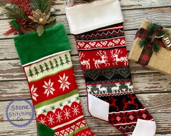 Reindeer christmas stocking, embroidered stocking, matching stocking set, classic stocking set, family Christmas stockings