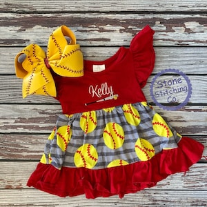 personalized softball dress, softball sister, cute softball outfit, sister softball dress, red white & yellow softball dress