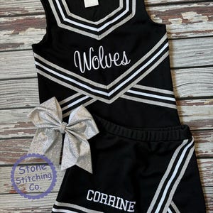 black and white cheer uniform, customized cheerleading uniform, girls cheer uniform, black & silver cheer, toddler cheerleading uniform