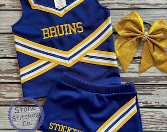 Blue & gold cheer uniform, blue and yellow cheerleading uniform, girls cheer uniform, royal and yellow cheer uniform, toddler cheer uniform
