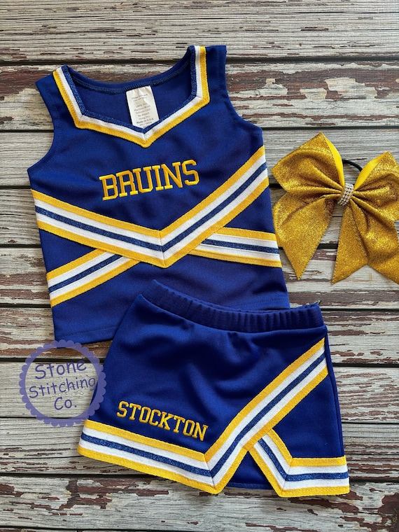 Blue and gold cheer uniforms deals