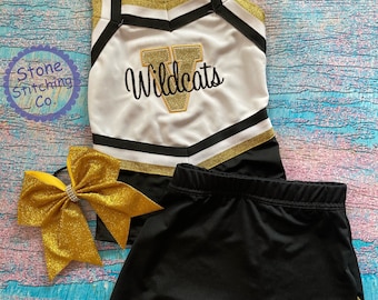 gold & black cheer uniform, customized cheerleading uniform, girls cheer uniform, panthers cheer uniform, panthers cheerleader