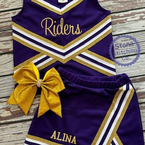 purple & gold cheer uniform, customized cheerleading uniform, girls cheer uniform, purple cheer uniform, toddler cheer uniform