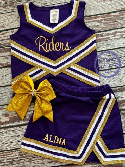 purple & gold cheer uniform, customized cheerleading uniform, girls cheer uniform, purple cheer uniform, toddler cheer uniform