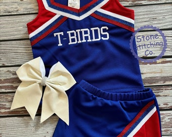 Röd & blå cheerleadinguniform, specialanpassad cheerleadinguniform, cheerleadinguniform för flickor, röd vit och blå cheerleadinguniform, cheerleadinguniform för småbarn