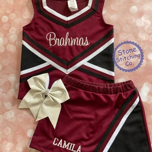 maroon & black cheer uniform, customized cheerleading uniform, girls cheer uniform, maroon and white cheer uniform, toddler cheer uniform