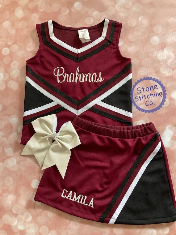 maroon & black cheer uniform, customized cheerleading uniform, girls cheer uniform, maroon and white cheer uniform, toddler cheer uniform