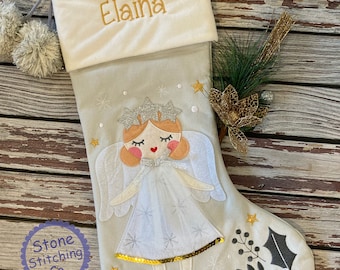 Angel Christmas stocking, Cream angel stocking, personalized Christmas stocking, baby’s first Christmas stocking, angel stocking
