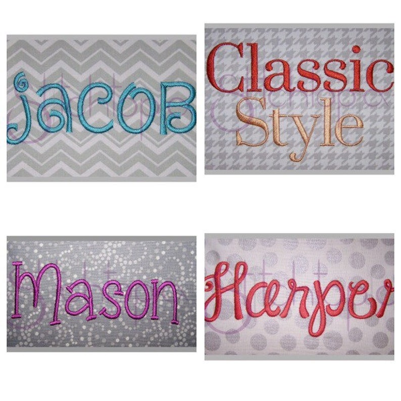 May include: Four different embroidery designs for names. The names are "Jacob", "Classic Style", "Mason", and "Harper". Each name is embroidered in a different colour and font style.